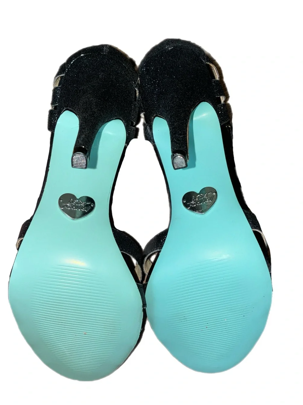 Betsey Johnson Black Glitter T-Strap Heel with Aqua Sole